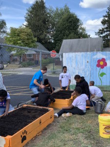 students working with raised garden planters