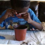 a boy using a magnifying glass to look at a plant