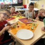 Children sitting around table with paper plates
